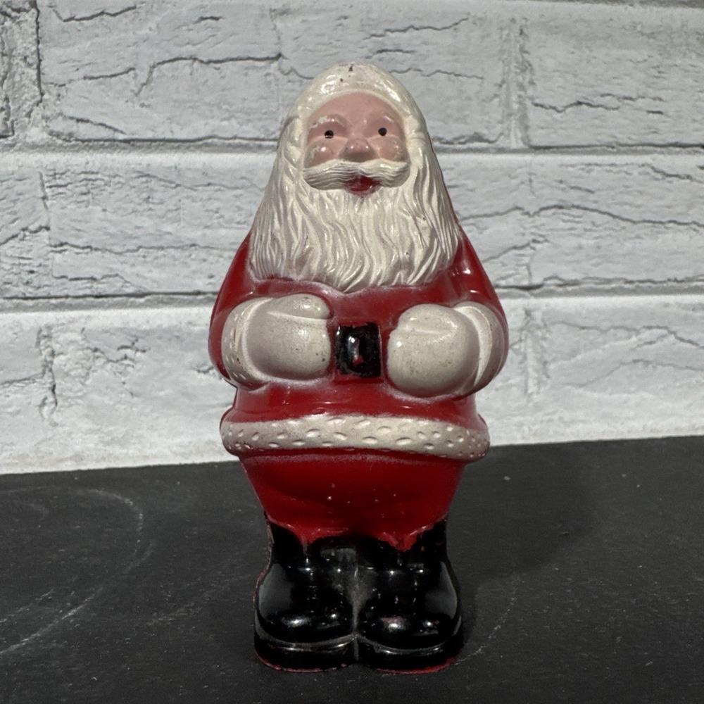 VTG Celluloid Santa Claus Figurine 1950s Hard Plastic Light Cover Ornament 4"